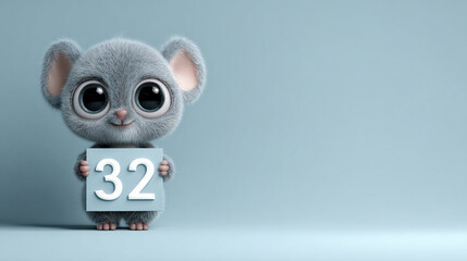 Cute animal holding number fluffy character bright colors playful expression cartoon style adorable design cheerful mood soft texture