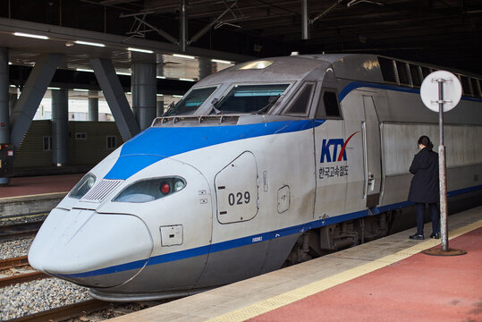 KTX high-speed rail train at the platform of Busan station, modern high speed railway station in Busan, South Korea