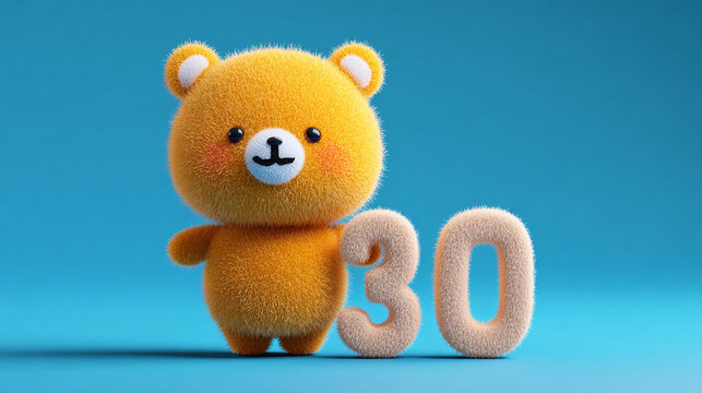 Cute bear character with fluffy texture, bright orange color, and playful expression stands next to number 30, creating cheerful atmosphere