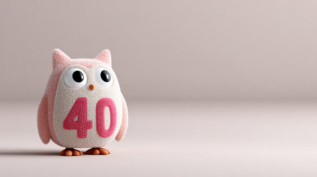 Cute owl figure with bright number 40, soft texture, playful design, pastel colors, whimsical decoration, suitable for celebrations