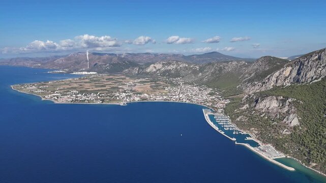 Aerial View of Oren Coastline and Marina in Milas, Turkey