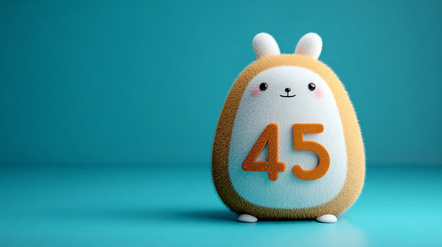 Cute animal with fluffy texture and bright orange number 45, set against vibrant turquoise background, evokes playful and cheerful atmosphere