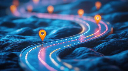 a curved road with location markers, rainbows , symbolizing strategic planning and project timeline