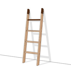 Illustration of a wooden ladder leaning against a white wall, isolated on white background ideal for representing support, progress, or reaching new heights