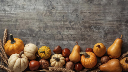 Rustic Autumn Harvest Still Life Artful Arrangement of Colorful Mini Pumpkins, Chestnuts, Pears & Wheat on Textured Wood with Clean Copyspace