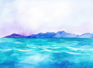 Fototapeta premium Watercolor clipart of a sea with a sky, with an island in the background.