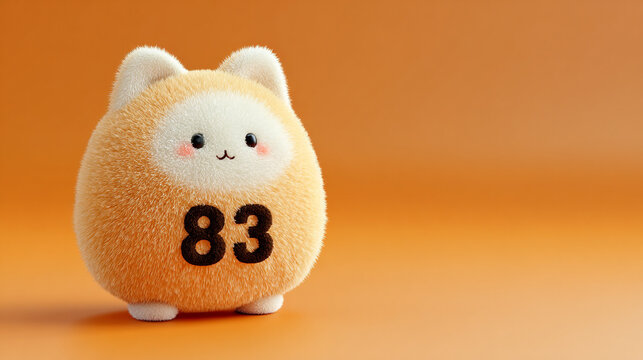 Cute animal with fluffy fur and cheerful expression, featuring number 83 on its body against orange background