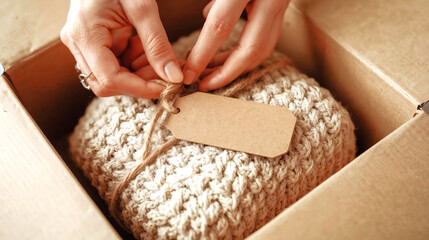 Cozy Handmade Gift Packaging Placing a Rustic Kraft Label on a Chunky Knit Scarf in a Cardboard Box with Twine for Christmas