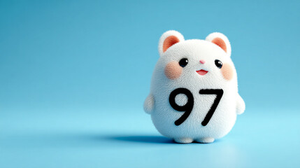 Cute animal with number 97, fluffy character, bright background, playful expression, cartoon style, adorable design, cheerful mood