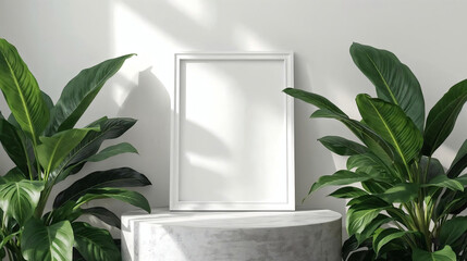 Minimalist White Frame on Stone Pedestal with Lush Tropical Plants | Serene Still Life, Natural Oasis, Creative Potential & Blank Canvas Concept