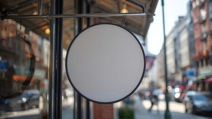 Blank Circular Advertising Sign, Ready for Your Brand, in Vibrant Urban Street Scene, Perfect for Marketing, Business, and Logo Placement