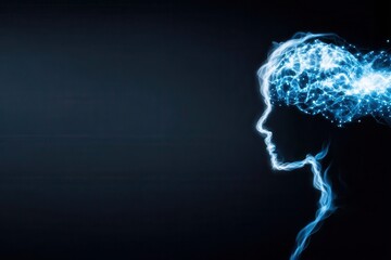 human silhouette made of light waves connected to a digital brain symbolizing learning, advice, marketing intelligence, and support