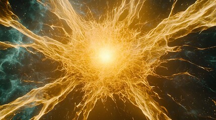 The image shows a vibrant, golden explosion with radiating energy tendrils emanating from a bright central point, set against a backdrop of dark, shimmering space nebula.