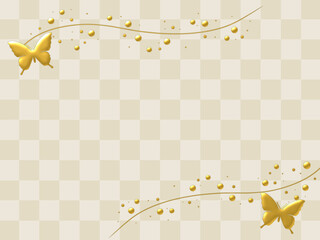 和風の市松模様背景。金色の蝶々が飛ぶモダンデザインのベクター壁紙。Japanese-style checkered background. Modern design vector wallpaper with flying gold butterflies.