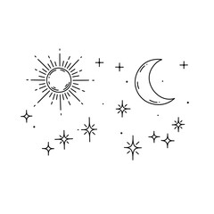 Celestial bodies sun moon and stars line art.