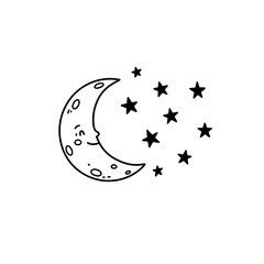 Cute cartoon crescent moon with smiling face and stars.