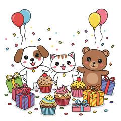 Cute cartoon dog cat and bear celebrating with cupcakes and gifts.