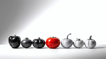 Vibrant Rainbow Vegetables Artistic Black & White Food Photography with Single Red Tomato for Health, Diet, and Market Concepts