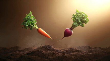 World Vegan Day Magic Vibrant Carrots, Radishes & Beets Levitating from Soil, Nature's Bounty & Ethereal Growth Concept