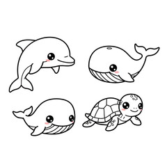 Cute Cartoon Sea Creatures Dolphin Whale Turtle Collection.