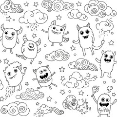 Cute cartoon monsters and clouds doodle illustration.