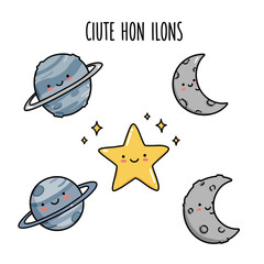 Cute Cartoon Space Objects with Happy Faces.