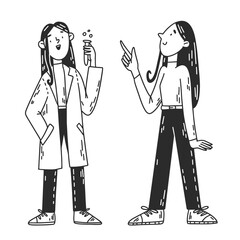 Young woman scientist in white robe with test tube. Vector illustration in line style. 