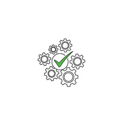 Gears with a check mark, representing efficiency and success, isolated on white background the gears symbolize the working process