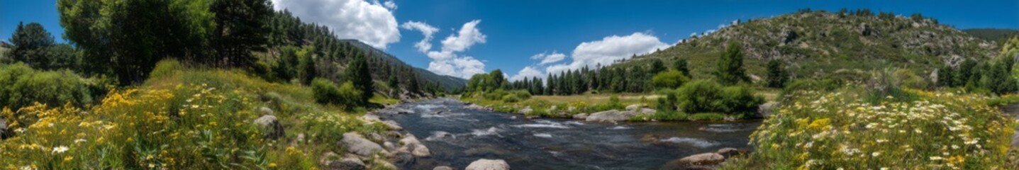 Obraz premium Scenic river flowing through meadows hdr panorama mountain landscape nature