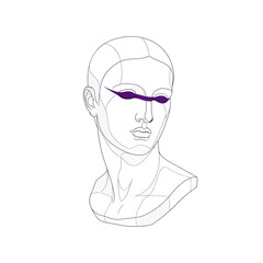 Stylized mannequin head with purple mask, isolated on white background, showcasing a minimalist design with clean lines and geometric shapes, perfect for fashion illustration