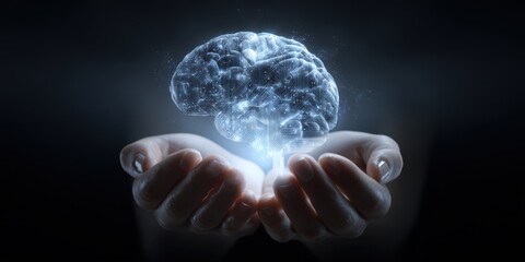 cybernetic brain floating above human hands symbolizing learning, advice, marketing intelligence, and future support