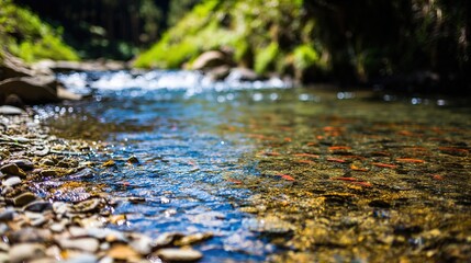 Fototapeta premium aperture. A clear mountain stream with smooth pebbles and small fish swimming. travel magazines, destination branding, designed for outdoor magazines and nature guides, used by graphic designers.