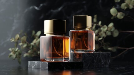 Luxury perfume bottles dark marble modern advertising product photography design concept fragrance elegant minimal clean aesthetic professional beauty composition sophistication