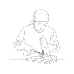 A person carving wood with a chisel and mallet, isolated on white background the artisan is focused on their craft, creating a unique and beautiful piece of art