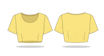 Technical drawing of a yellow crop top, showcasing front and back views on a clean white background, illustrating garment design details with