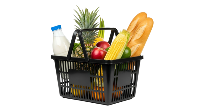Black Shopping Basket Filled with Fresh Fruits Vegetables and Dairy Products on Transparent Background - Powered by Adobe