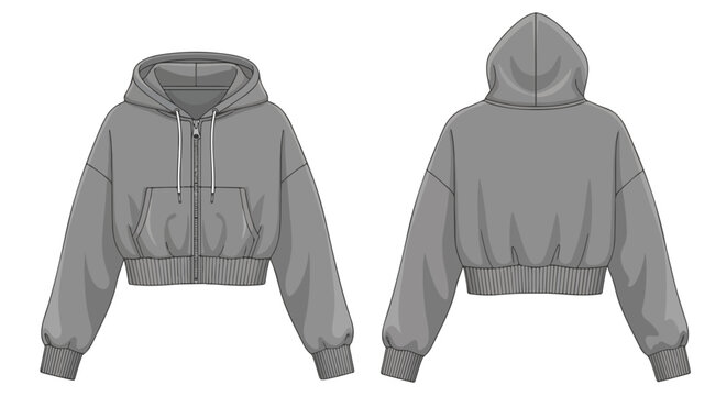 Technical fashion illustration of a cropped hooded sweatshirt showcasing the front and back design details in grey color for clothing design reference