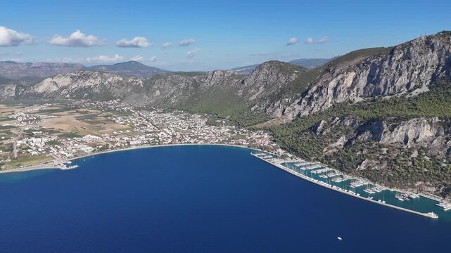Aerial View of Oren Coastline and Marina in Milas, Turkey