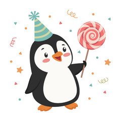 A cheerful penguin wearing a festive hat and holding a lollipop. The penguin is celebrating a birthday or winter holidays. Isolated on a white background.