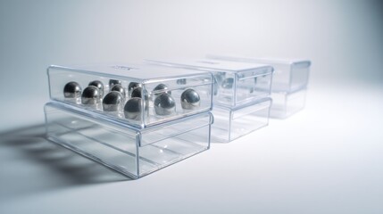 Transparent boxes with silver tubes modern advertising product photography design concept cosmetic elegant minimal clean aesthetic professional packaging precision beauty