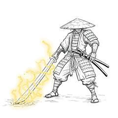 A samurai warrior isolated on white background, wielding a katana with lightning, embodying strength, honor, and the fusion of tradition and supernatural power