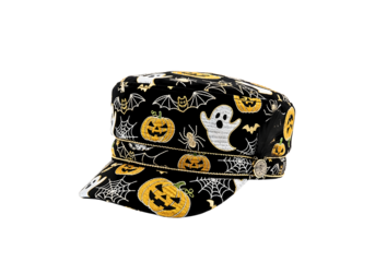 A black flat cap with a halloween pattern of pumpkins, ghosts, and spiders isolated on transparent background.
