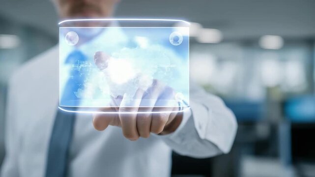Scientist pointing at glowing holographic quantum computing diagram projected in office, symbolizing futuristic knowledge, data-driven innovation, and technological progress in analytics. cinematic