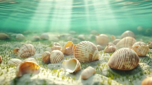 The video shows an underwater scene. In the foreground and in the middle part of the frame there are many shells of different sizes and shapes. .In the upper part of the image, a water surface is visi