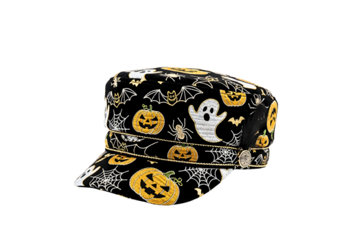 A black flat cap with a halloween pattern of pumpkins, ghosts, and spiders isolated on transparent background.