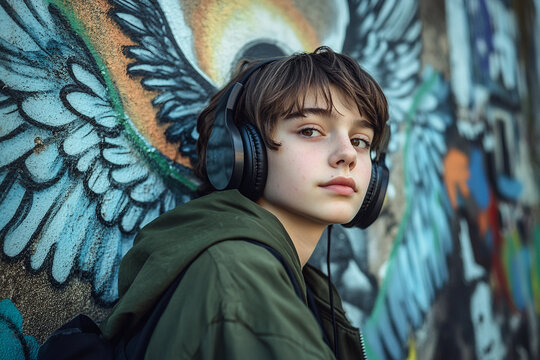 Teenager Wearing Wireless Headphones Against Graffiti Wall in Urban Street Art Scene Generative AI