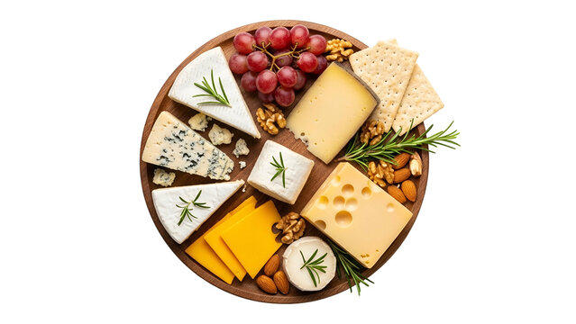 Cheese Platter with Red Grapes Nuts and Rosemary on Wooden Board in Transparent Background - Powered by Adobe