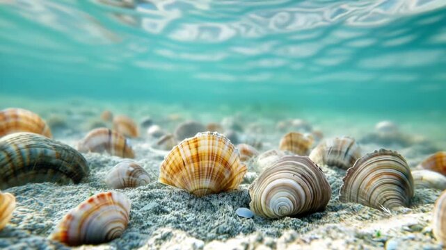 The video shows an underwater scene. In the foreground and in the middle part of the frame there are many shells of different sizes and shapes. .In the upper part of the image, a water surface is visi