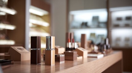 Luxury cosmetics display on wooden counter modern advertising product photography design concept beauty elegant minimal clean aesthetic professional retail composition store