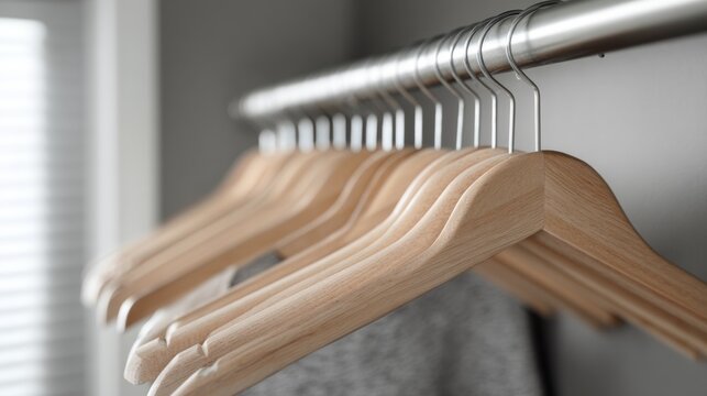 Wooden hangers close up modern advertising product photography design concept fashion elegant minimal clean aesthetic professional retail composition craftsmanship texture